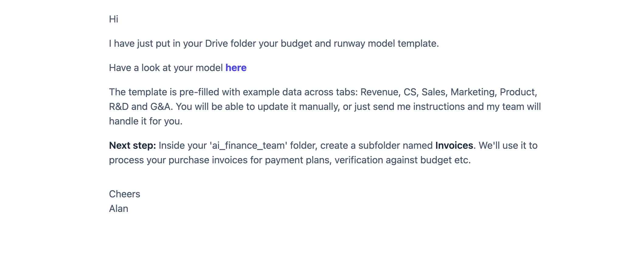 Budget and runway model email