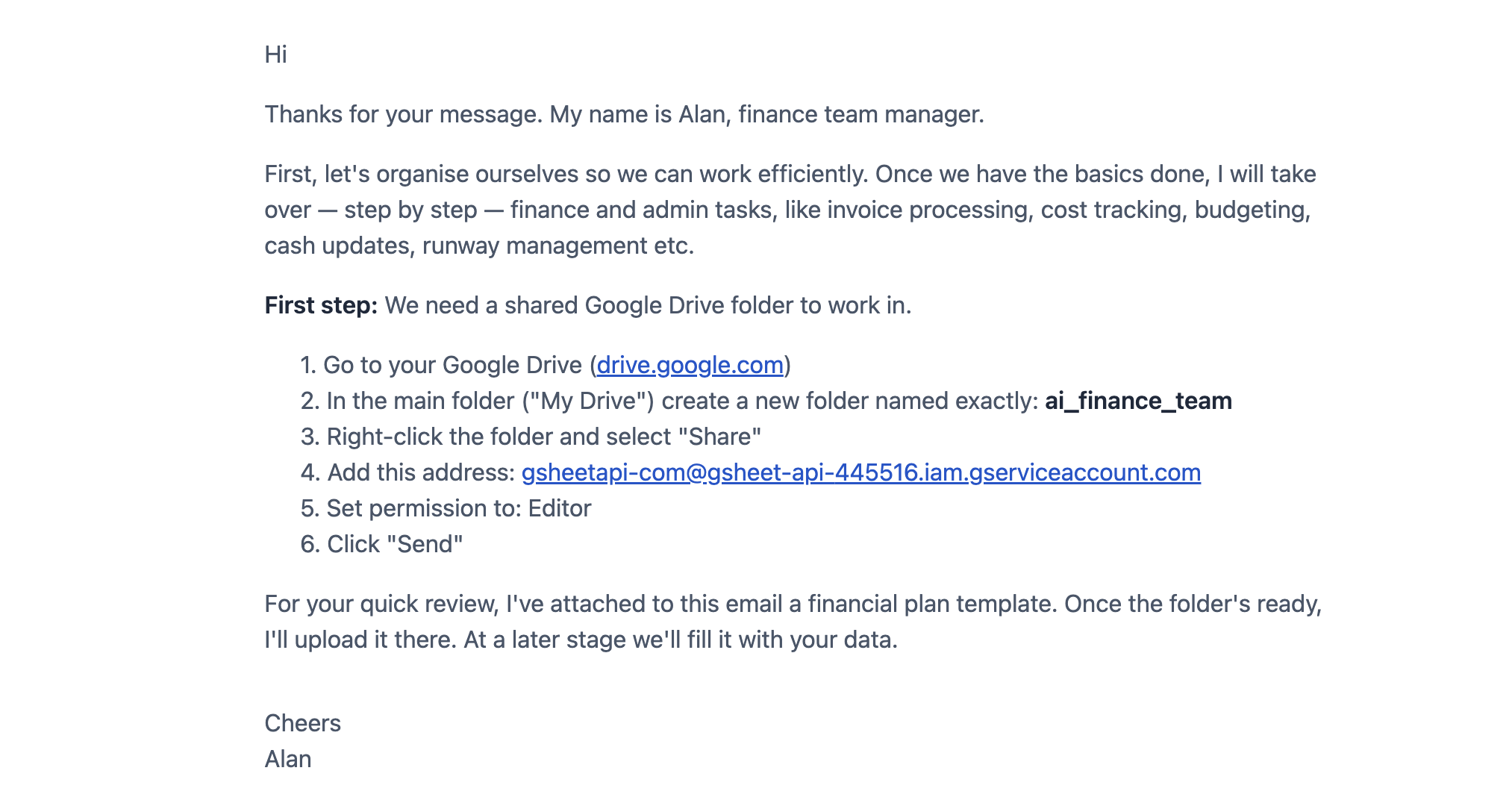 Setup email from AI finance team